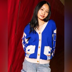 Queen of sparkles NEW Blue and white Basketball Cardigan large NWOT